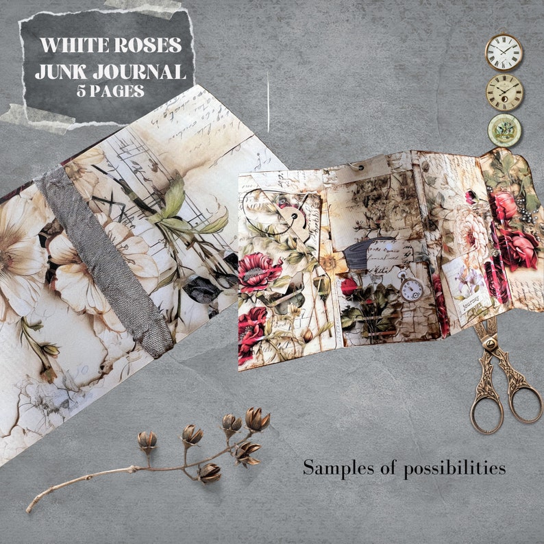 White Roses Junk Journal Kit , Folio Kit, Printable Folio Kit, Vintage image 4