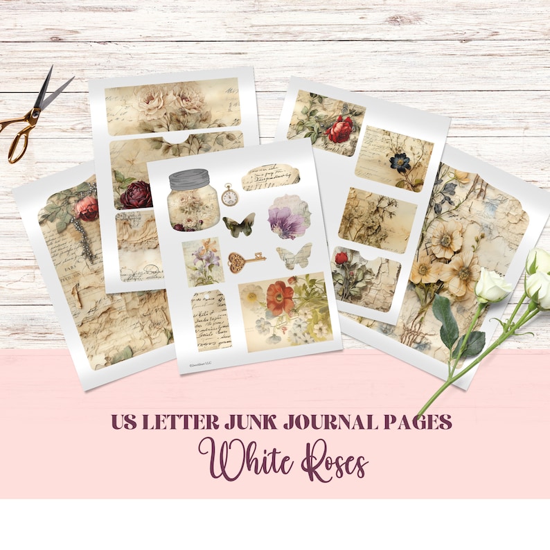 White Roses Junk Journal Kit , Folio Kit, Printable Folio Kit, Vintage image 2