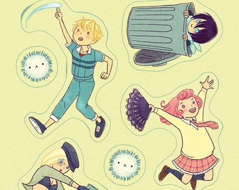 May include: A set of five stickers featuring cartoon characters. The stickers are on a light green background. The characters include a girl with pink hair, a girl with brown hair, a boy with blonde hair, a girl with blonde hair, and a boy with blue hair. The stickers are all in different poses and have different expressions. The text "kecky.etsy.com" is in the bottom center of the image.