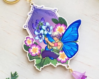 February Birth Month Flower Fairy Boy Wooden Keychain