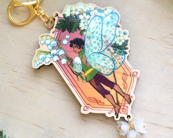 May Birth Month Flower Fairy Boy Wooden Keychain