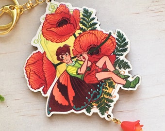 August Birth Month Flower Fairy Boy Wooden Keychain