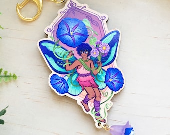 September Birth Month Flower Fairy Boy Wooden Keychain