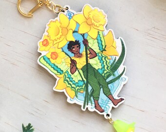 March Birth Month Flower Fairy Boy Wooden Keychain