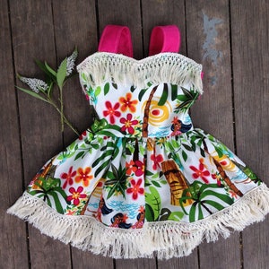 Hula Girl Summer Dress for Babies size 6-12 months through girls size 10, open back and fringe, Hawaiian Motif
