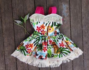 Hula Girl Summer Dress for Babies size 6-12 months through girls size 10, open back and fringe, Hawaiian Motif