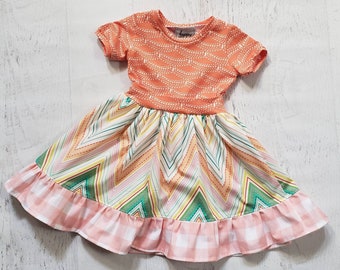 Size 4 Delight T-Shirt Dress, spring dress, Apricot Sunshine Chevron and Gingham knit & woven dress, comfy back to school dress