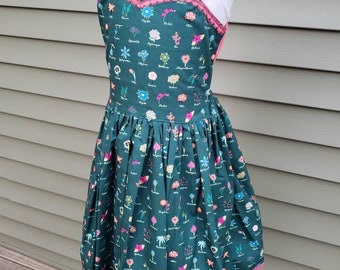 Girls Open Back Sun Dress, Sizes 3 and 4 Dress in Teal with Flowers their names, cottage core plant dress, flower girl, school