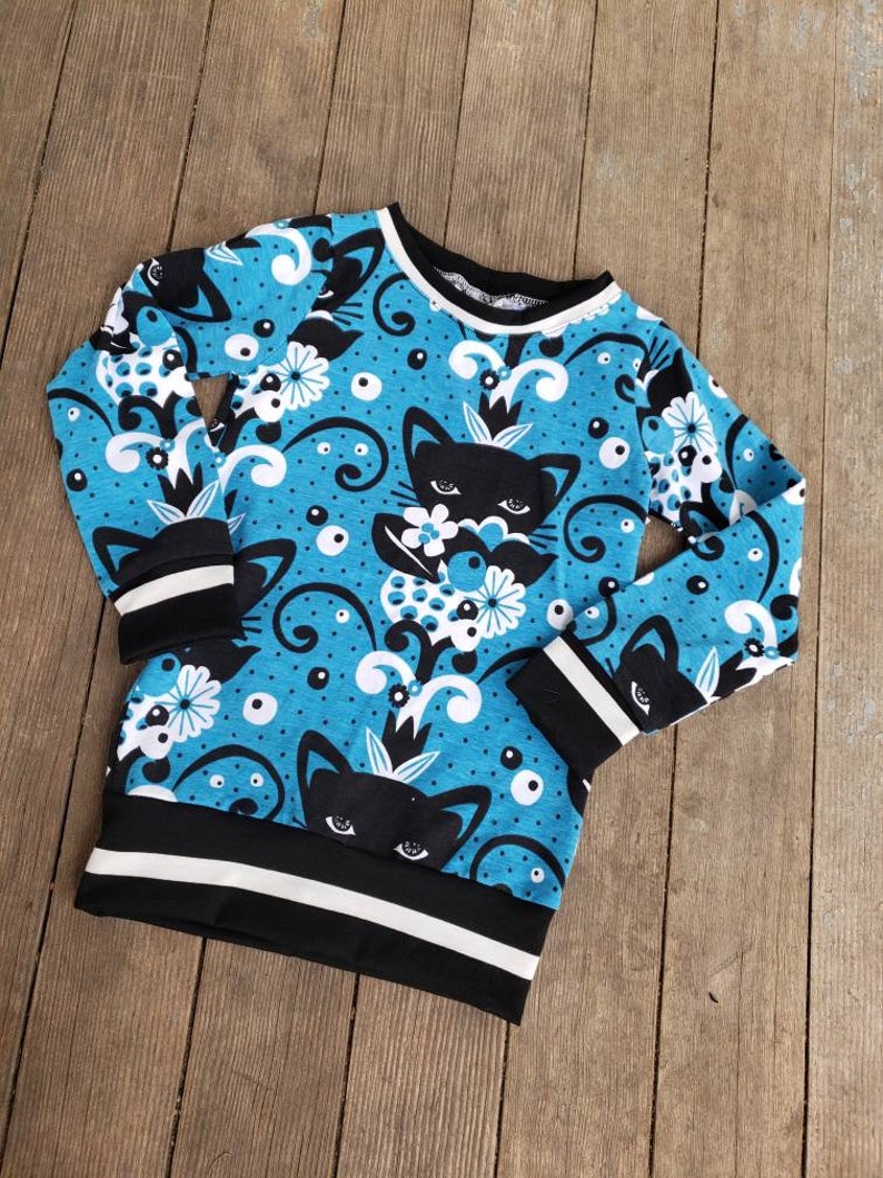 girls big kid Black Cat kitty shirt long sleeve shirt for toddler Blue Tunic top for girls size 2-8
