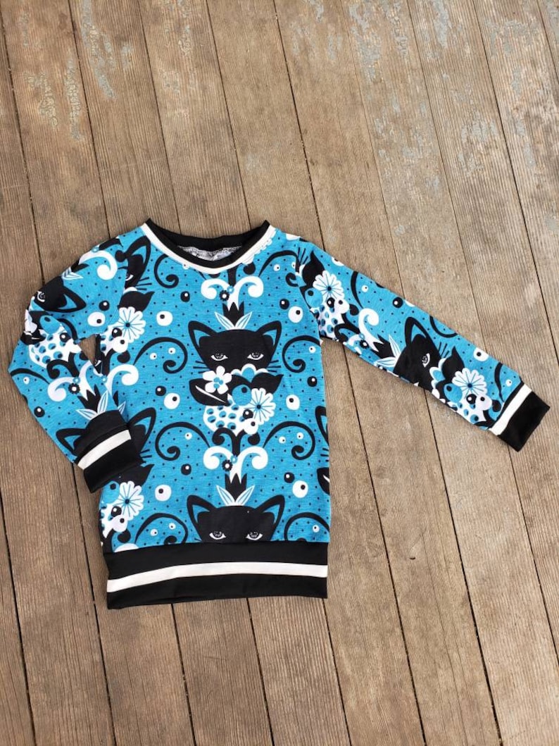girls big kid Black Cat kitty shirt long sleeve shirt for toddler Blue Tunic top for girls size 2-8