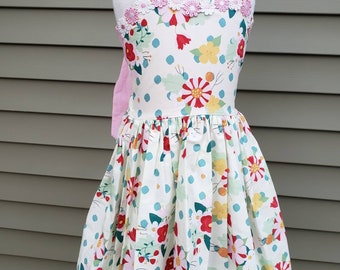 Girls Open Back Sun Dress, Sizes 2, 3, 4, 10 Sun Dress in bright flowers, pink accents, Spring, cottage core floral dress, Back to School