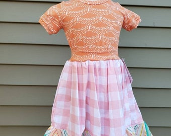 Sizes 2t, Summer Sun Dress, Delight T-Shirt Dress, spring dress, Apricot Sunshine Chevron and Gingham knit & woven dress
