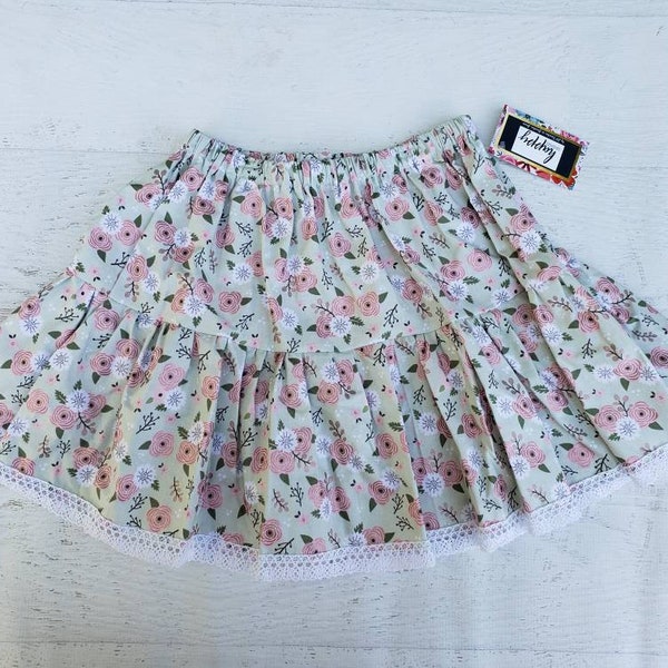 Sizes 3, 8, 10, and 14 Cottage Core Tiered Skirt, Pale Green skirt with peachy pink flowers and crochet lace trim,girls Above the knee skirt