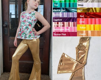 Pantalones Bell Bottom en Stretch Metallic para niños talla 2-14, elige entre tantos colores, destellos metálicos
