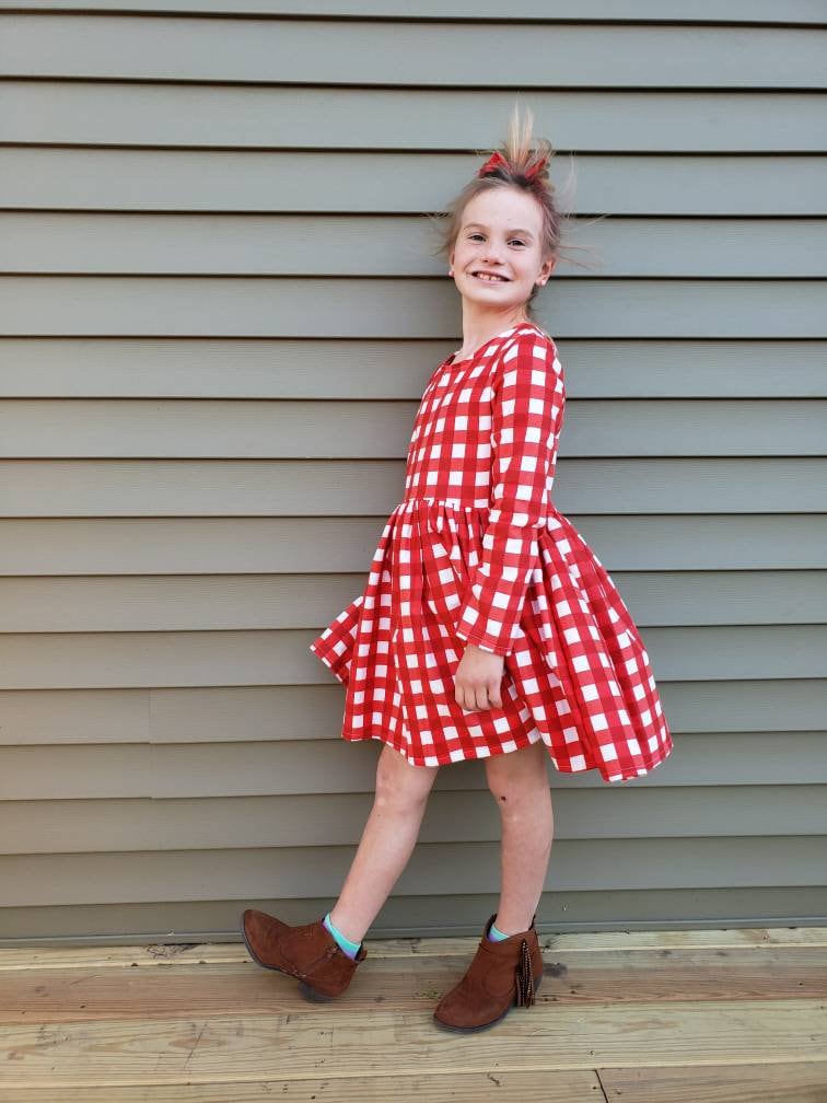 Red Plaid flannel dress for girls Holiday party dress family pictures Red and White Buffalo Plaid Check