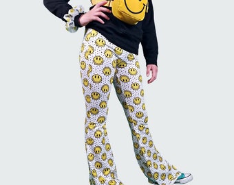 Size 3t Smiley Face Bell Bottom pants in Soft Stretchy Brushed Fabric for kids, smiley face hippie flares, happy face boho