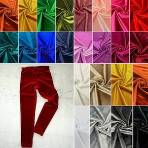 May include: A pair of red velvet leggings is displayed alongside swatches of velvet fabric in various colors. The swatches include shades of orange, yellow, green, pink, blue, and purple. The fabric has a soft, luxurious appearance.