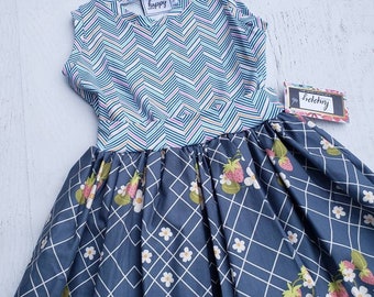 Sizes 2t and 4, Sun Dress, Delight T-Shirt Dress, School dress, knit & woven dress, navy strawberry dress, sleeveless dress