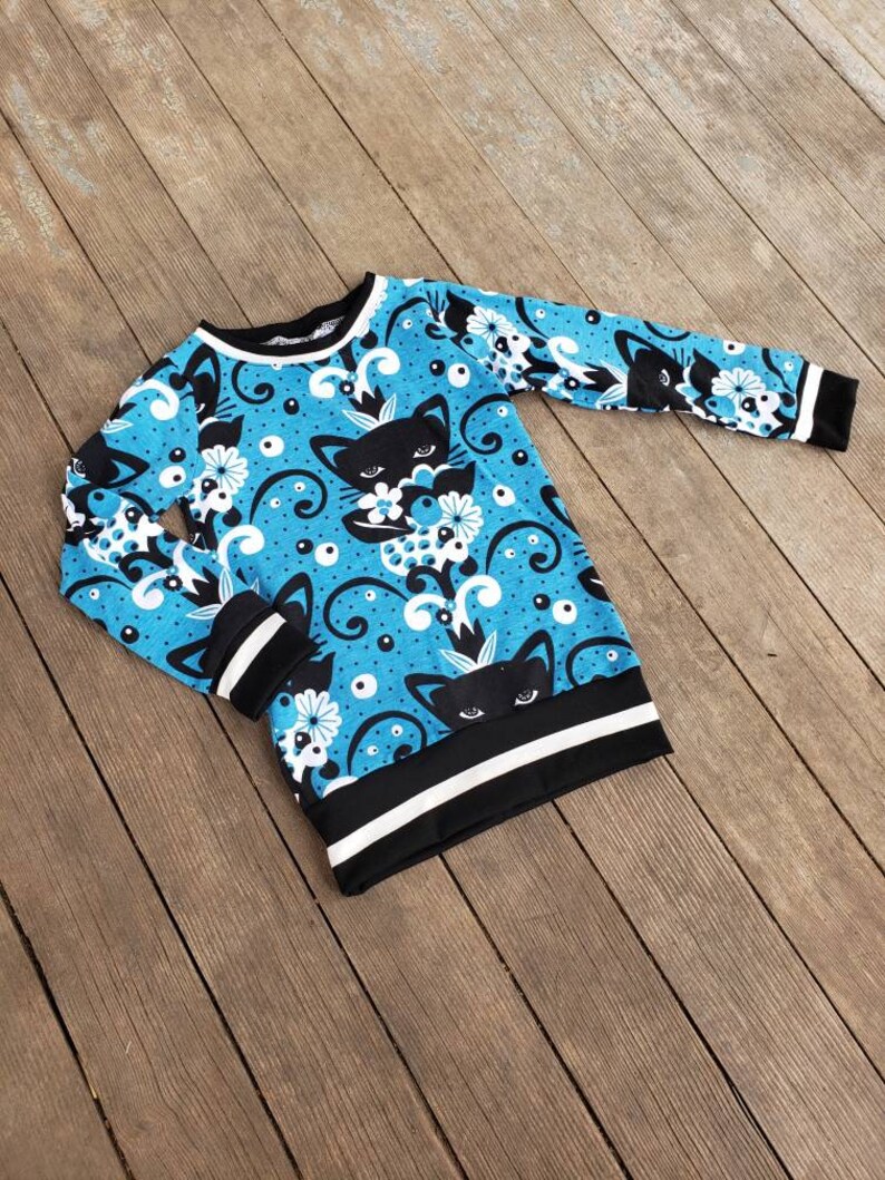 girls big kid Black Cat kitty shirt long sleeve shirt for toddler Blue Tunic top for girls size 2-8