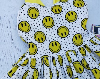 Sizes 6 and 10 Smiley face Girls Open Back Sun Dress, Sun Dress in happy faces, smile, yellow and black dress, back to school