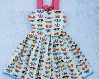 Butterfly dress, Girls Open Back Sun Dress, Size 3  Summer Dress in colorful Butterfly, pink accents, Spring, cottage core dress