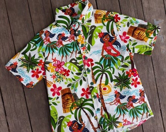Hula, luau button down shirt for kids size 6-12 months through size 12 years, snap front shirt with back yoke, Hawaiian theme shirt for boys