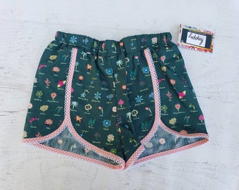 Sizes 10, Retro Tulip Shorts, Teal shorts with flowers and plants, Black to school shorts, elastic waistband cotton shorts for girls