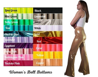 Women's Bell Bottom pants in Stretch Metallic, size xxs-plus 2x, choose from so many colors, metallic flares, Shiny stretchy adult bells