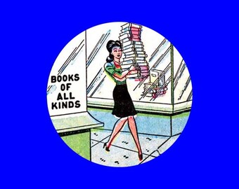Woman with stack of books button
