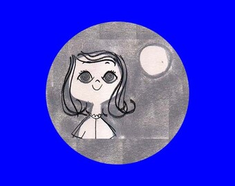 Vintage illustration of girl with moon button