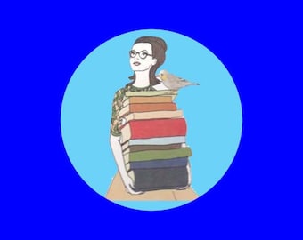 Woman with stack of books button