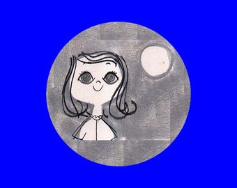 Vintage illustration of girl with moon magnet