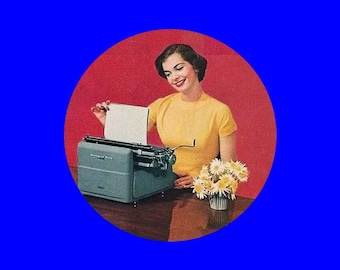 Woman at typewriter button