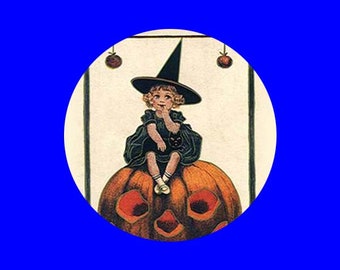 Cute little witch on jack-o'-lantern magnet