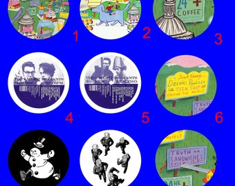 May include: Nine round white stickers with various illustrations and text. The stickers feature a cartoon dog, a building with a coffee cup, a snowman, a group of people with boxes for heads, and a sign that says "Truth or Sandwiches".