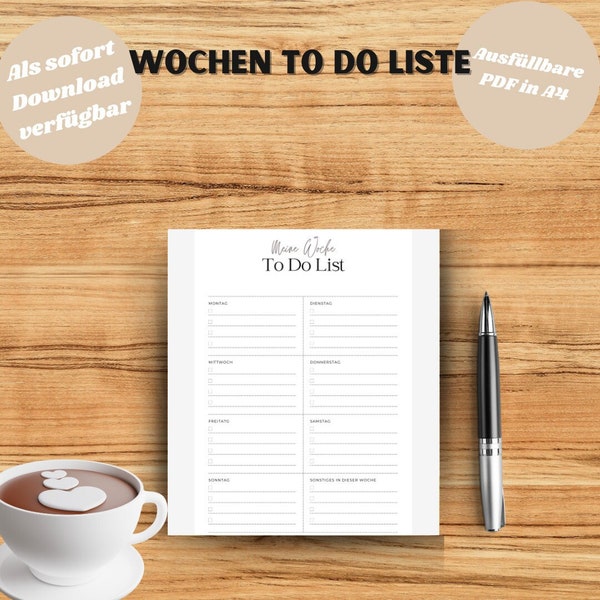Digitale Wochen Todo-Liste für effizientes Zeitmanagement & Organisation I A4 PDF zum bearbeiten I Direkter Download