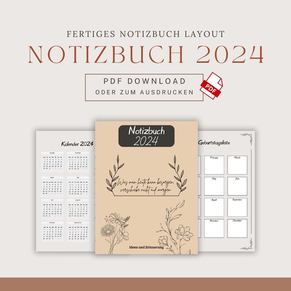 Notizbuch 2024 I 24 Seiten A5 I Layout I PDF Download zum Ausfüllen & Druck I Meeting Notizen I Kalender I Geburtstage I Deutsch