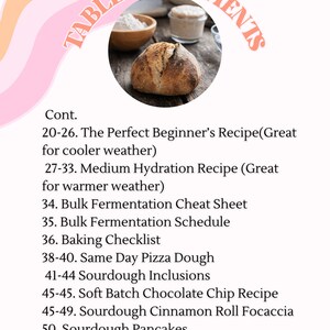 Table of contents for Easy Sourdough for Beginners Guide including introduction to sourdough baking, starter creation, easy bread recipes, sourdough sandwich bread, cinnamon roll focaccia, chocolate chip cookies, inclusions, troubleshooting tips.