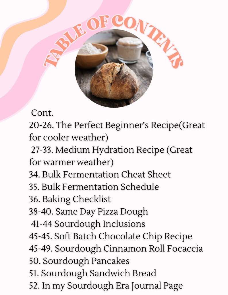 Table of contents for Easy Sourdough for Beginners Guide including introduction to sourdough baking, starter creation, easy bread recipes, sourdough sandwich bread, cinnamon roll focaccia, chocolate chip cookies, inclusions, troubleshooting tips.