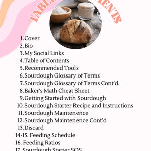Table of contents for Easy Sourdough for Beginners Guide including introduction to sourdough baking, starter creation, easy bread recipes, sourdough sandwich bread, cinnamon roll focaccia, chocolate chip cookies, inclusions, troubleshooting tips.