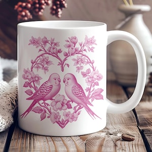 France Cottage Pink Toile Lovebird Mug French Country Cottagecore Gift For Her Bird Couple Cup Gift For Romantic Lovebirds Anniversary Cup