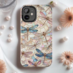 Custodia per telefono resistente per iPhone e Samsung con libellula in stile vetro colorato, custodia per telefono con mosaico di libellula, blu pastello, rosa e avorio, regalo per gli amanti della natura per lei