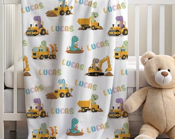 Personalized Dinosaur Construction Blanket Kids Custom Name Dino Truck Toddler Blanket Construction Nursery Gift Dinosaur Excavator Blanket