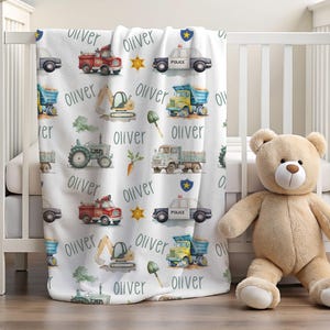 Couverture personnalisée pour enfants, camions et voitures, nom personnalisé, couverture en velours de coton, motifs de véhicules pour chambre de garçons, chambre de fille, cadeau de baby shower d&#39;enfants