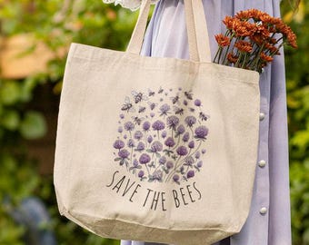 Save the Bees Tote Bag Geschenk für Bienenliebhaber Canvas Stoff Tragetasche Einkaufsbuch Tasche für Naturliebhaber Niedliche Leinentasche mit Bienen und Klee