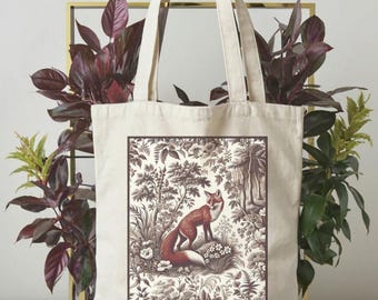 France Chateau Style Fox Print Tote Bag Gift Vintage Style Toile Red Fox Reusable Shopping Bag Woodland Fox Cottagecore Toile Book Bag Gift