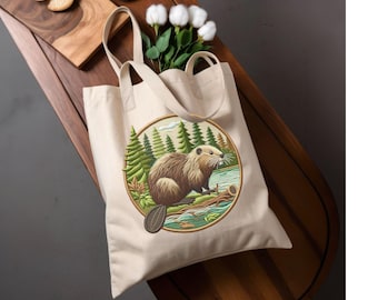 Beaver Canvas Fabric Tote Shopping Bag Gift Nature Lover Canadian Beaver Faux Embroidery Bag Reusable Grocery Tote Bag Cottagecore Beaver