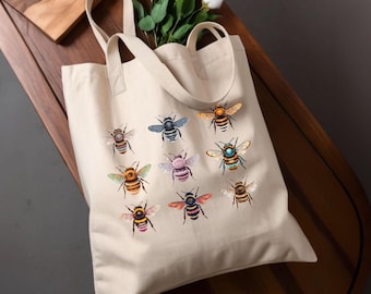 Bee Print Canvas Fabric Tote Shopping Bag Gift For Nature Lover Bee Print Reusable Grocery Tote Bag With Colorful Pop Art  Bees Book Bag
