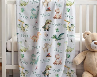Personalized Dinosaur Kids Blanket Custom Name Toddler Blanket Pastel Dinosaur  Nursery Blanket Velveteen Kids Dino Blanket Baby Shower Gift
