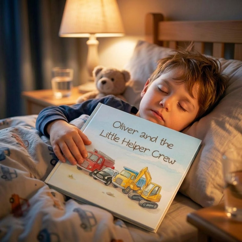 A little boy sleeping holding a book with the title, “Oliver and the Little Helper Crew”.